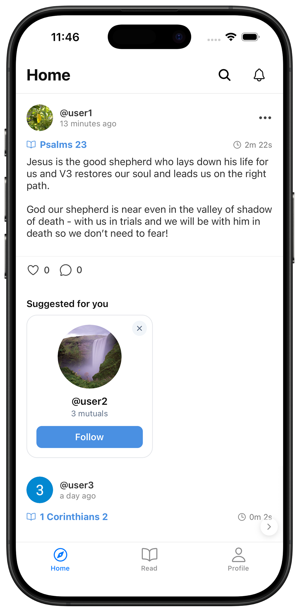 Lumyn app community feed showing shared reflections from other readers