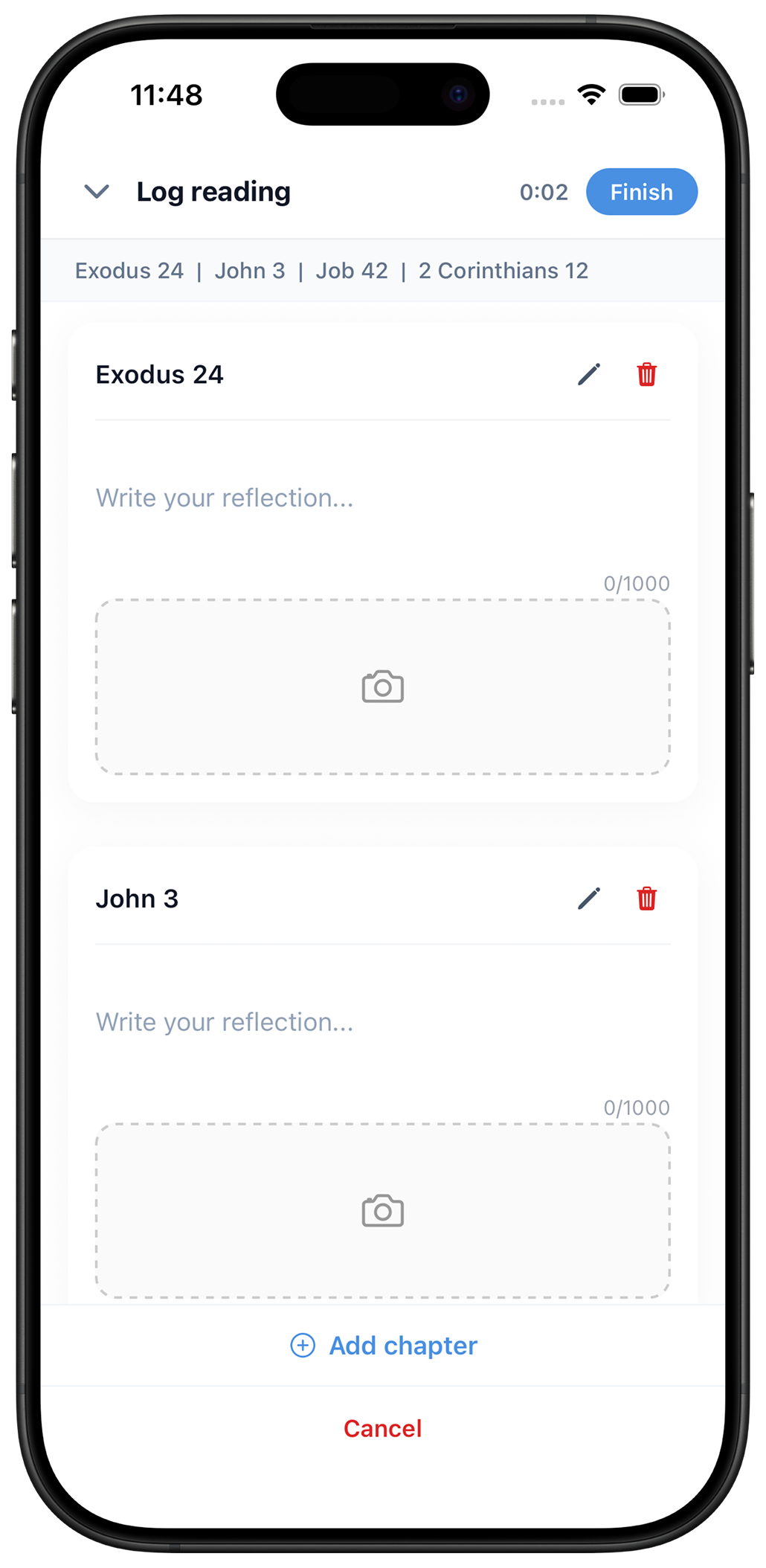 Lumyn app reading tracker showing Bible book progress with completion bars
